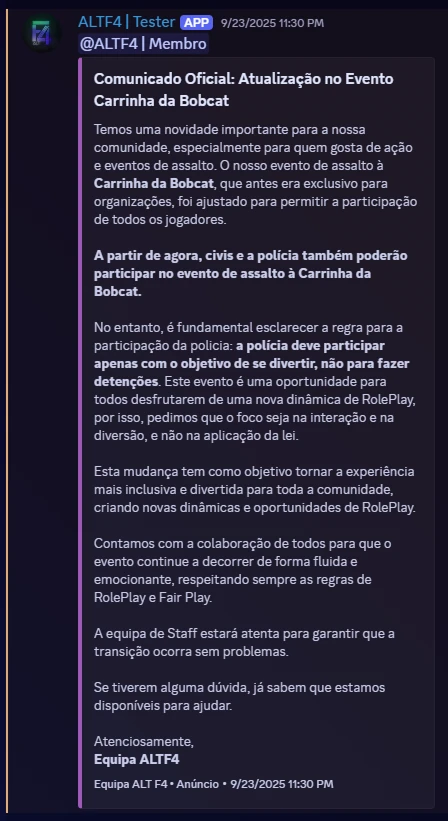 Comunicado em embed