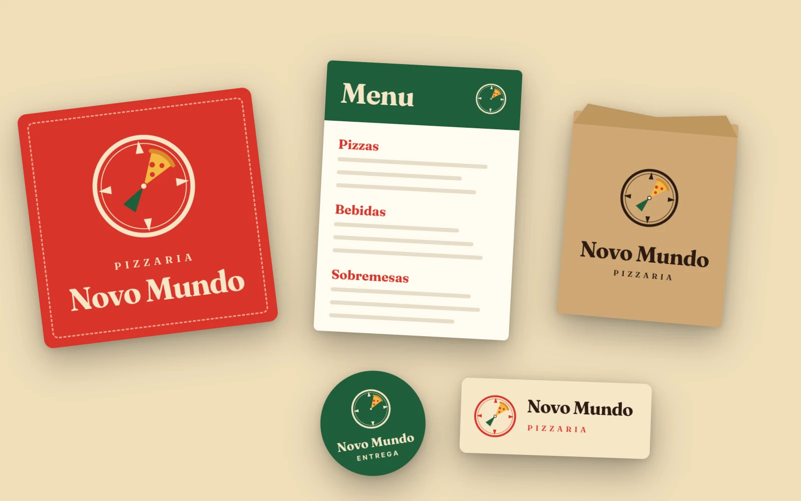 Caixa de pizza, menu, saco e autocolantes