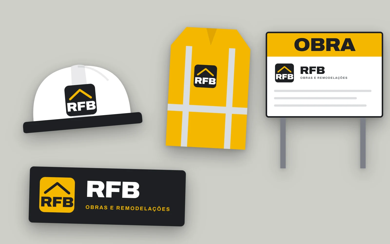 Capacete, colete, placa de obra e etiqueta